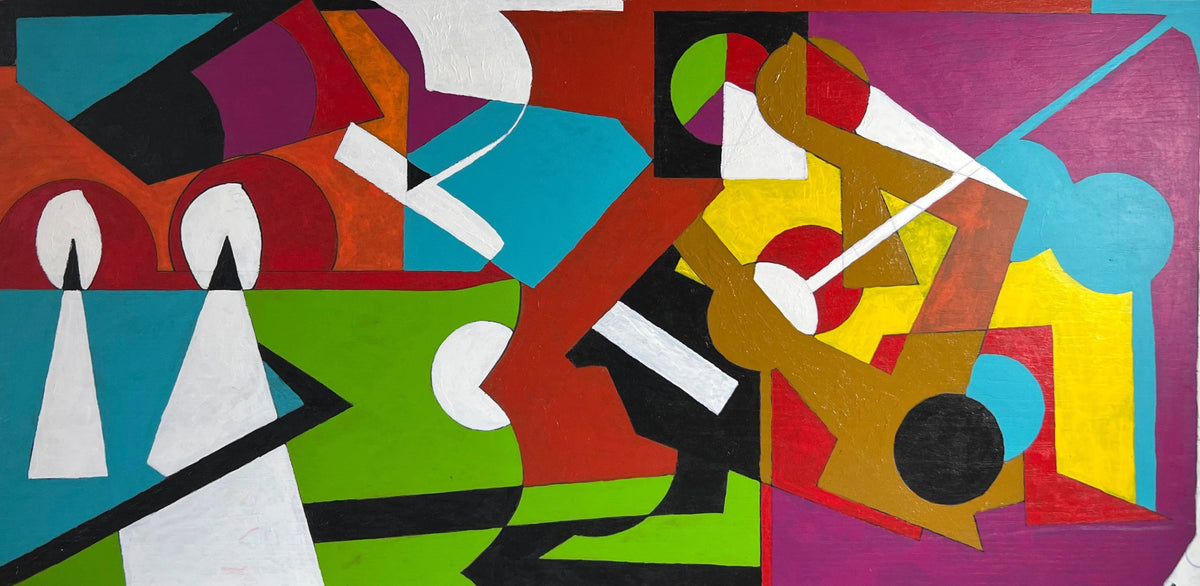 A colorful abstract geometric painting on a canvas, featuring bold shapes in red, blue, green, yellow, purple, black, and white, displayed against a neutral indoor wall.