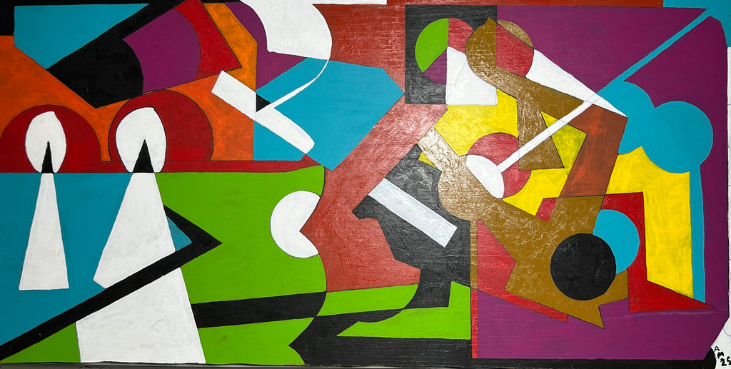 An abstract geometric painting with overlapping angular shapes in turquoise, green, red, purple, yellow, black, white, and gold, filling the frame.