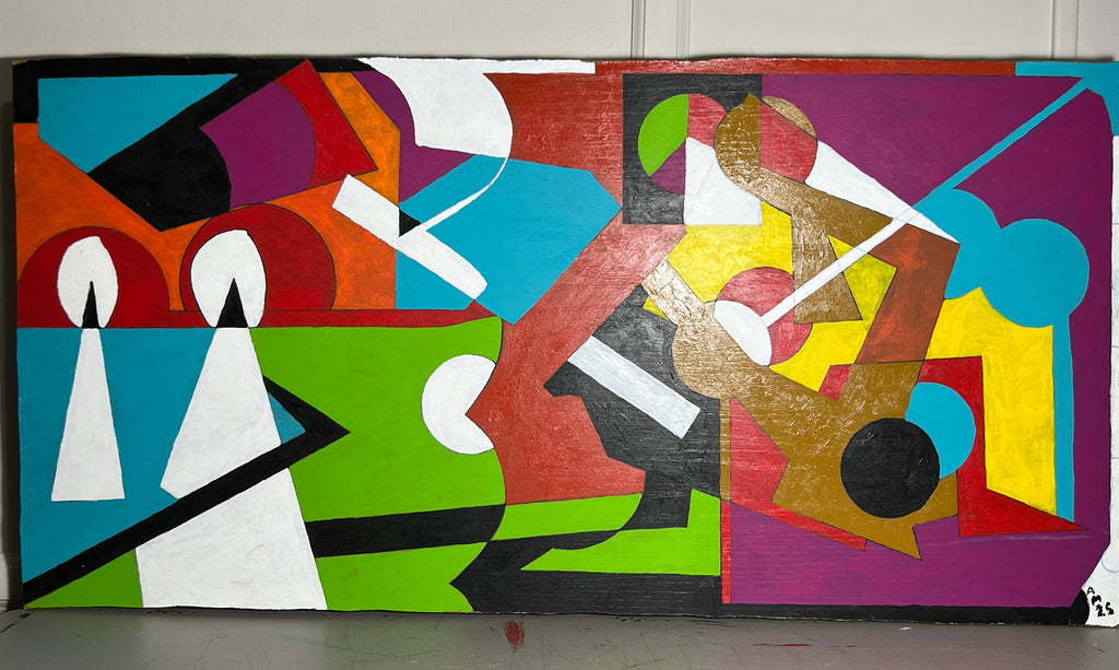 A colorful abstract geometric painting with bold shapes in purple, green, red, blue, yellow, black, and white, displayed against a white paneled wall.