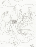 A black and white abstract line drawing on paper, featuring stylized shapes and gestural marks with a signature in the lower right corner.