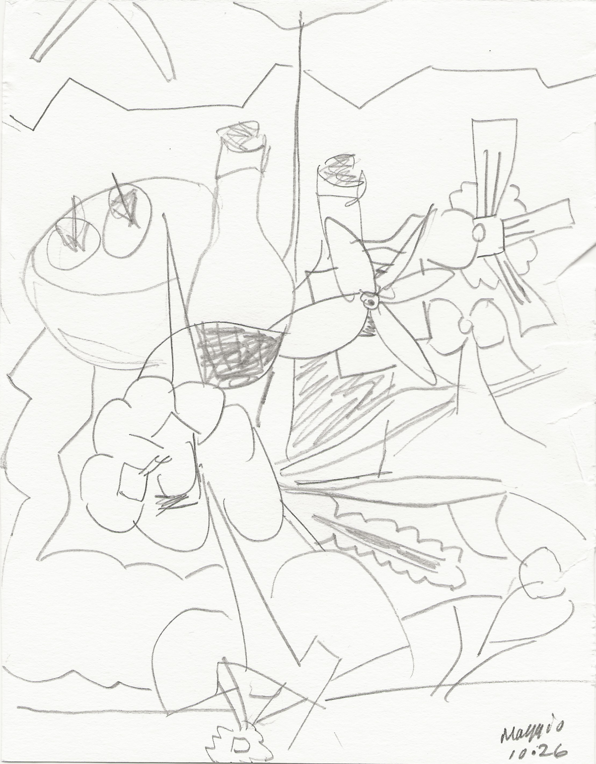 A black and white abstract line drawing on paper, featuring stylized shapes and gestural marks with a signature in the lower right corner.