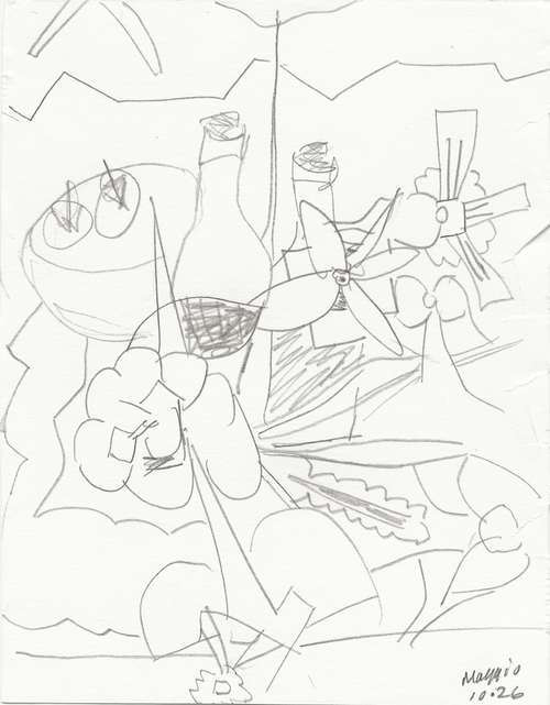 A black and white abstract line drawing on paper, featuring stylized shapes and gestural marks with a signature in the lower right corner.