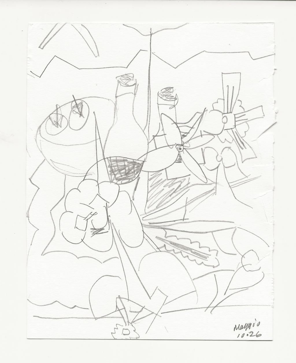 A black and white line art print depicting an abstract still life composition with bottles, grapes, and a knife, signed and dated in the lower right corner.