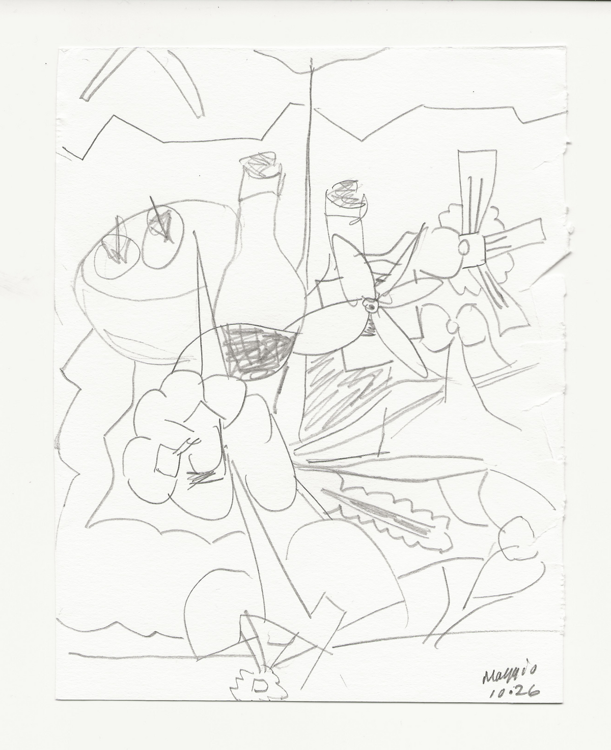 A black and white line art print depicting an abstract still life composition with bottles, grapes, and a knife, signed and dated in the lower right corner.