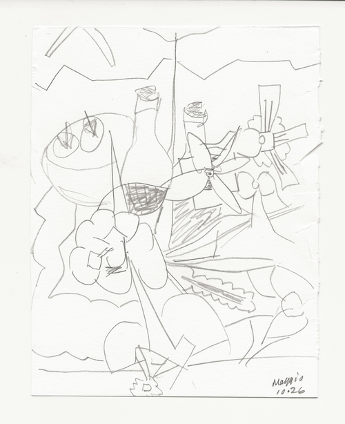 A black and white line art print depicting an abstract still life composition with bottles, grapes, and a knife, signed and dated in the lower right corner.