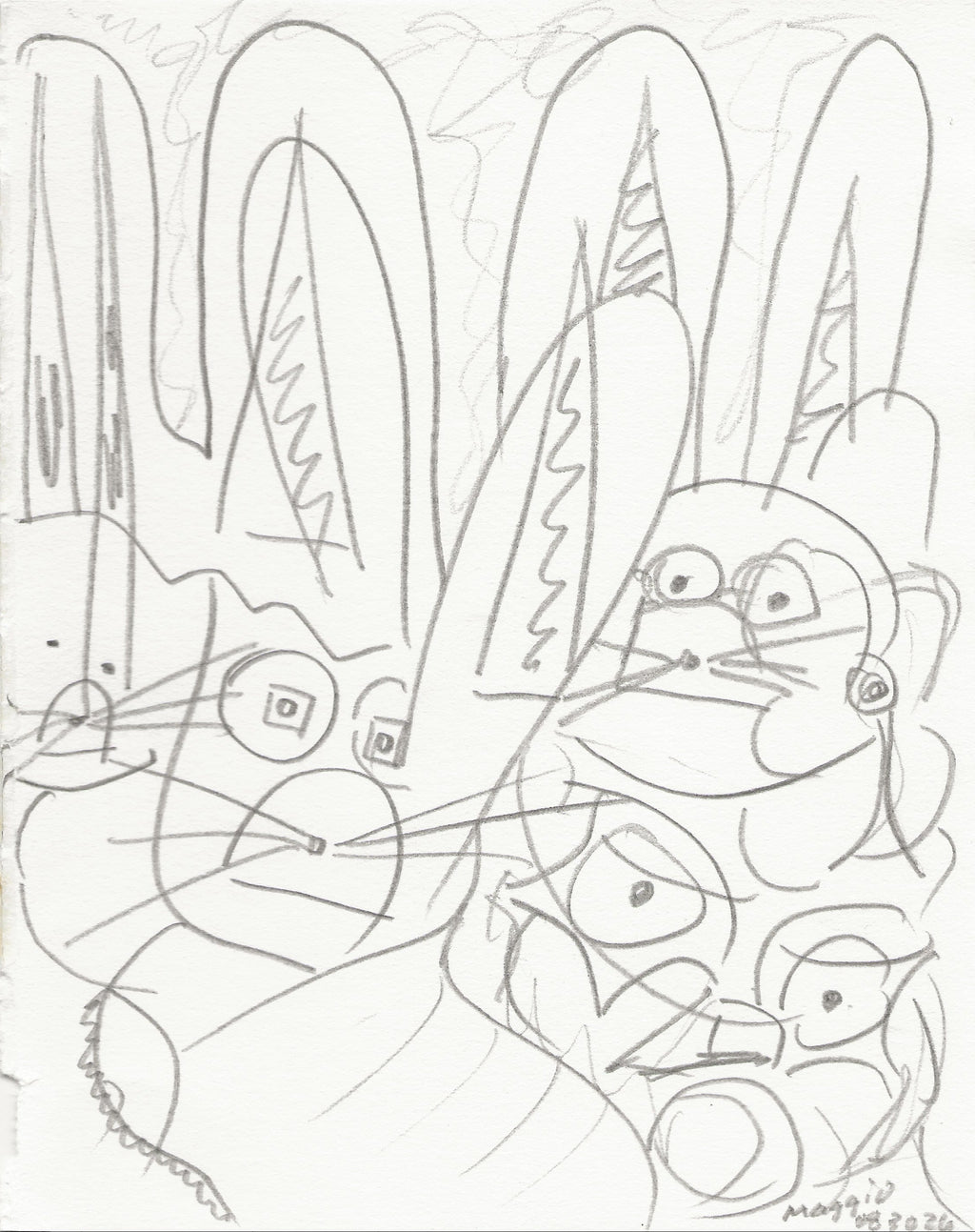 A black and white abstract line drawing featuring stylized faces and elongated vertical forms, resembling a sketch or print. Signed in the lower right corner.