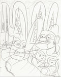 A black and white abstract line drawing featuring stylized faces and elongated vertical forms, resembling a sketch or print. Signed in the lower right corner.
