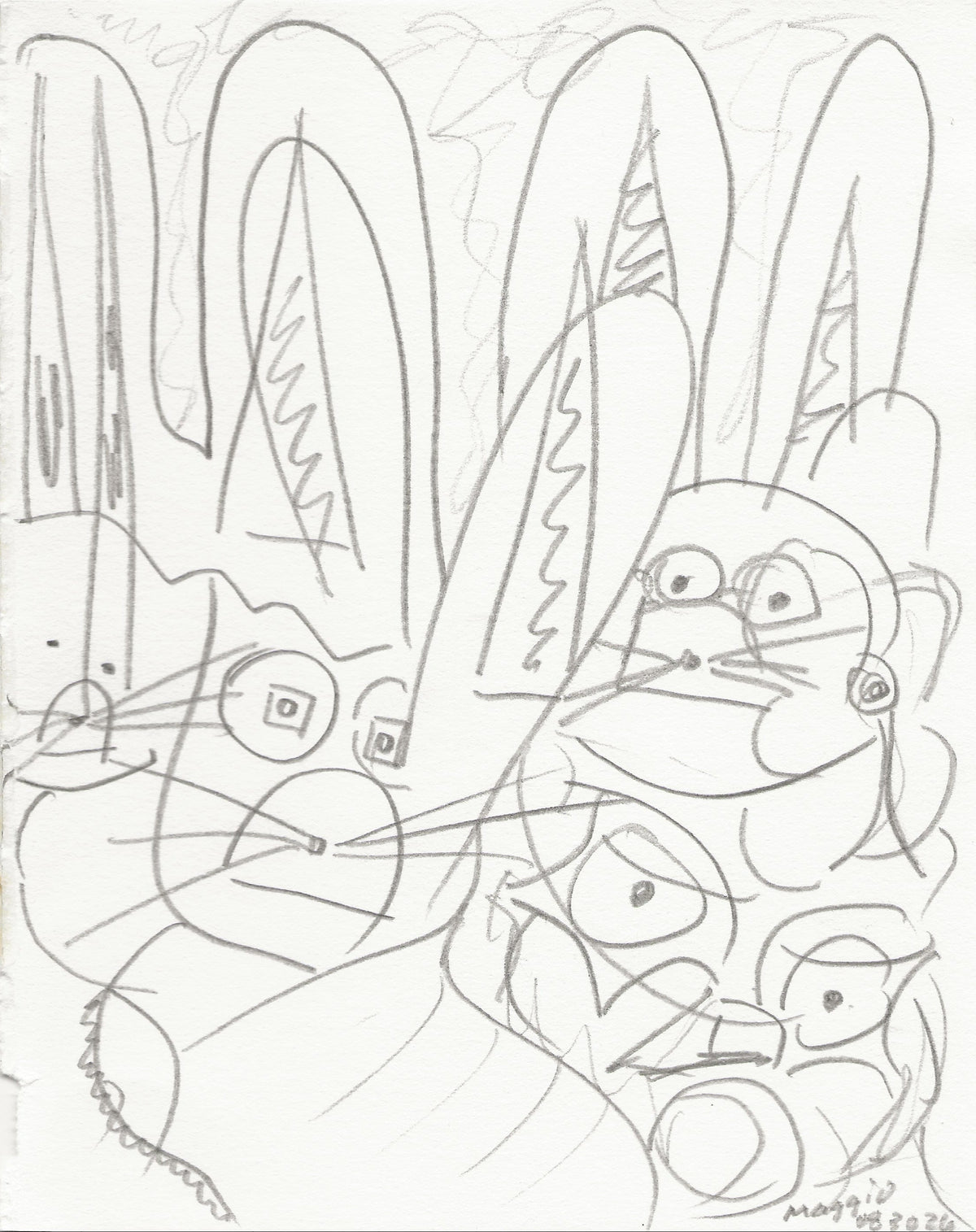 A black and white abstract line drawing featuring stylized faces and elongated vertical forms, resembling a sketch or print. Signed in the lower right corner.