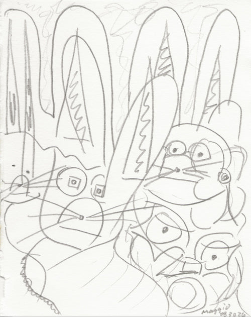 A black and white abstract line drawing featuring stylized faces and elongated vertical forms, resembling a sketch or print. Signed in the lower right corner.