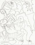 A black and white line drawing on paper featuring an abstract, surreal composition with stylized faces, eyes, and organic shapes.