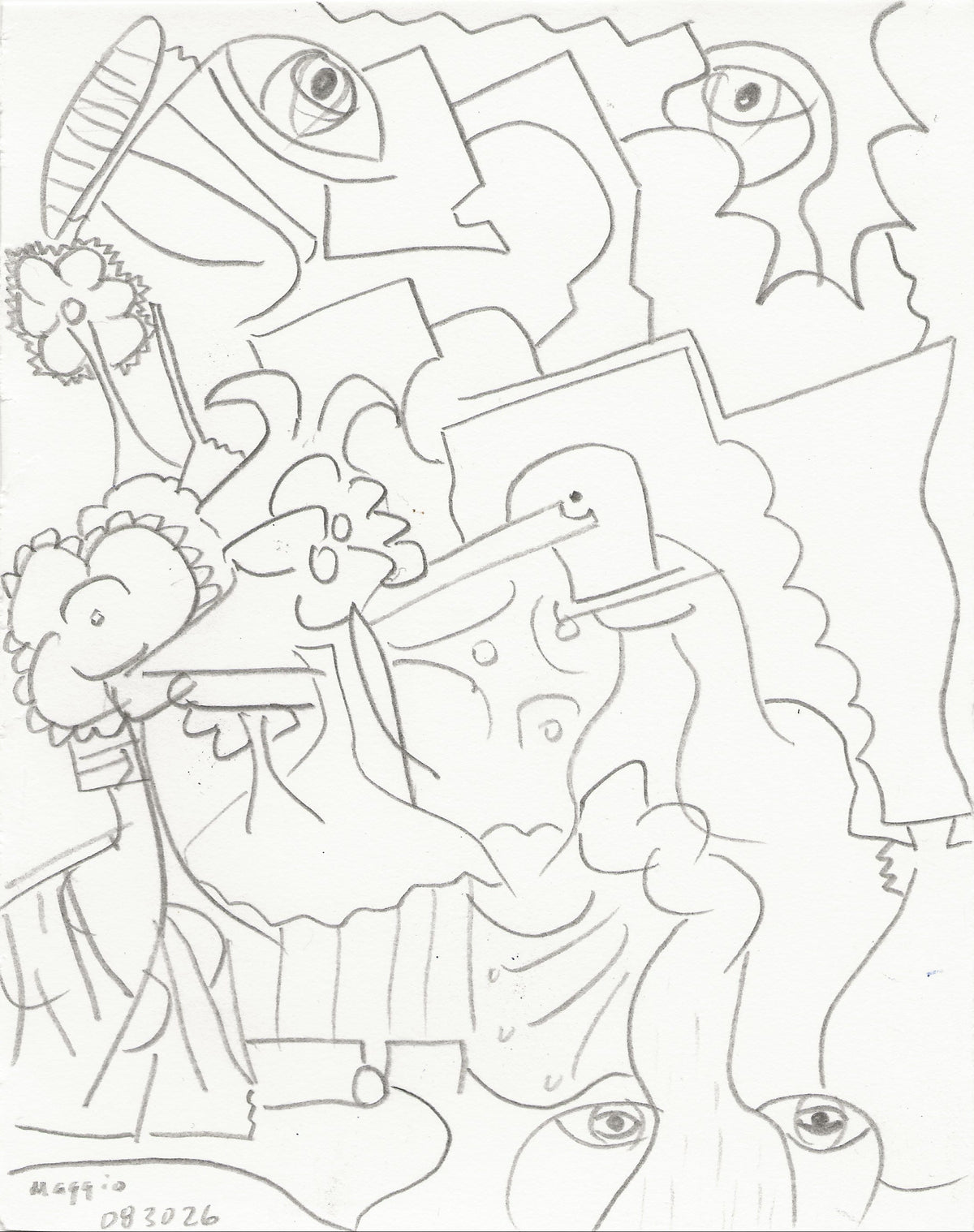 A black and white line drawing on paper featuring an abstract, surreal composition with stylized faces, eyes, and organic shapes.
