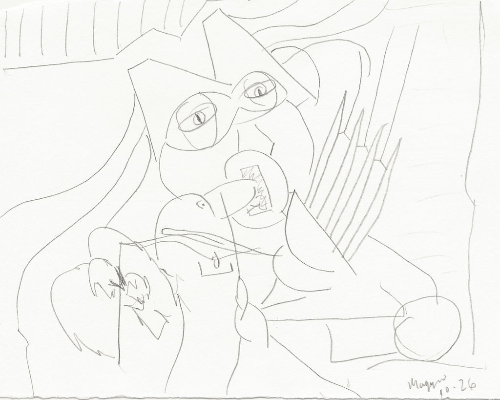 A black and white line drawing on paper depicting a stylized, abstract scene with a face-like figure, curved lines, and a small bird or duck-like form in the foreground. Signed in the lower right corner.