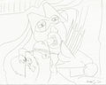 A black and white line drawing on paper depicting a stylized, abstract scene with a face-like figure, curved lines, and a small bird or duck-like form in the foreground. Signed in the lower right corner.
