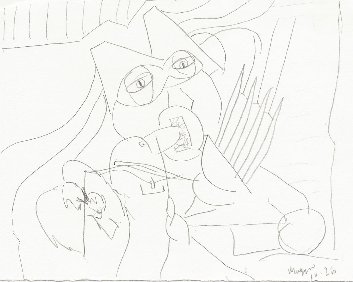 A black and white line drawing on paper depicting a stylized, abstract scene with a face-like figure, curved lines, and a small bird or duck-like form in the foreground. Signed in the lower right corner.