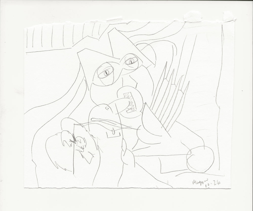 A minimalist black ink line drawing on white paper, depicting an abstract figure with a mask-like face and stylized lines, with a small handwritten signature in the lower right of the artwork.
