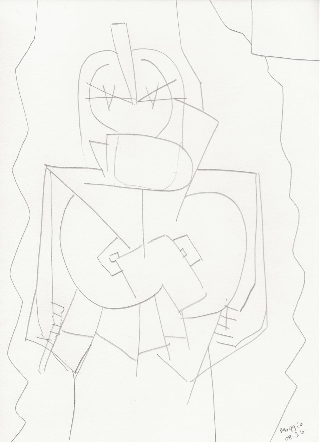 A black and white spiral-bound sketchbook page featuring a minimalist line drawing of a stylized figure with geometric shapes.