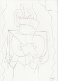 A black and white spiral-bound sketchbook page featuring a minimalist line drawing of a stylized figure with geometric shapes.