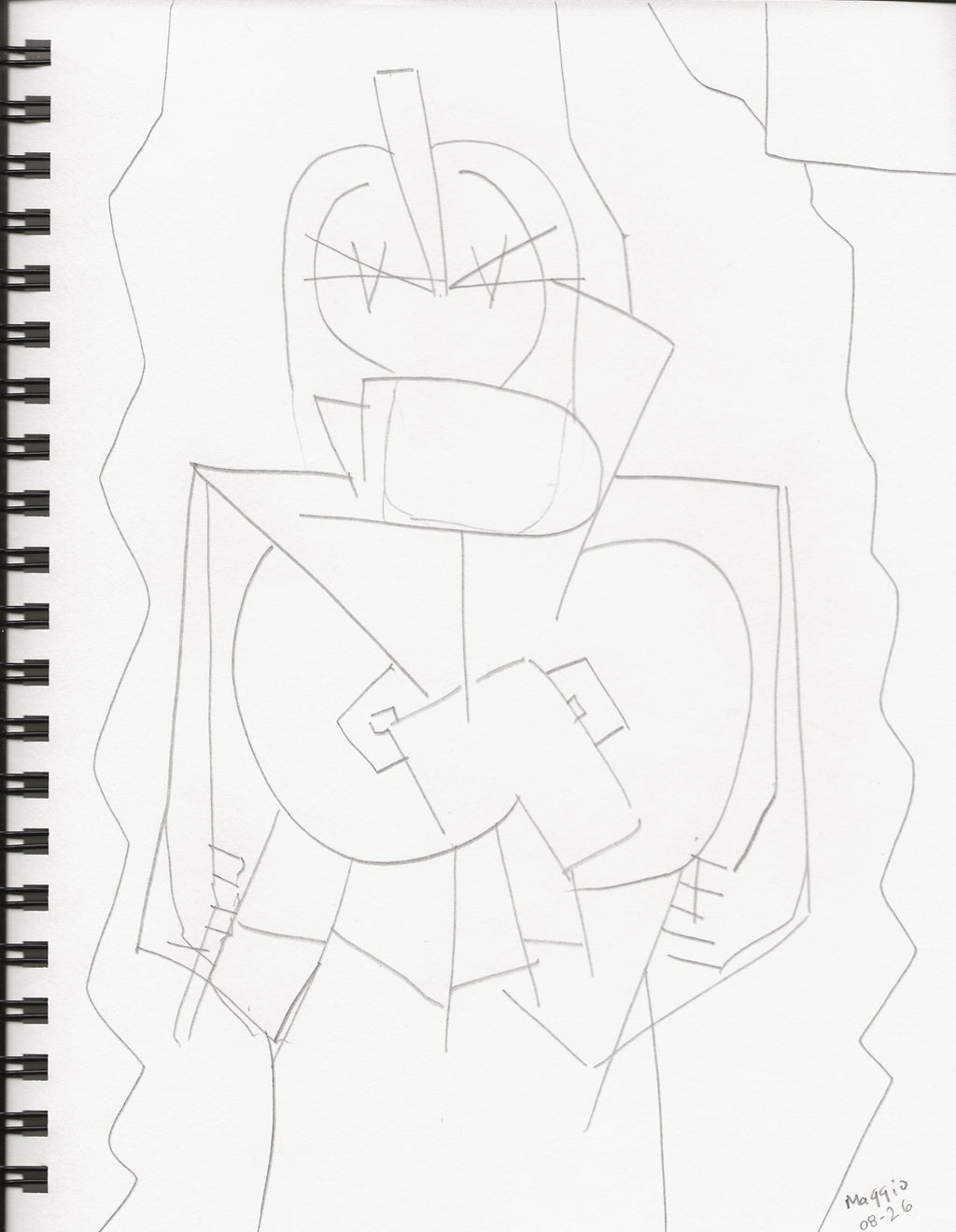 A black and white spiral-bound sketchbook page featuring a minimalist line drawing of a stylized figure with geometric shapes.