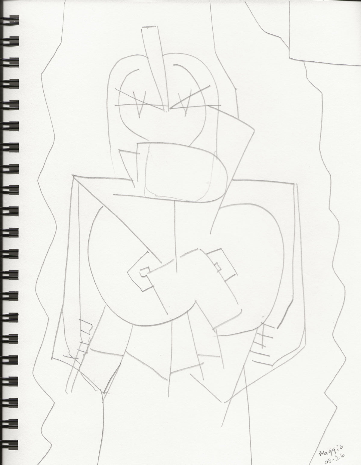 A black and white spiral-bound sketchbook page featuring a minimalist line drawing of a stylized figure with geometric shapes.